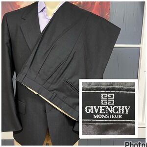 Vintage Givenchy Suit Mens 42S Short Wool Pleated Pants 34x31 Charcoal Gray